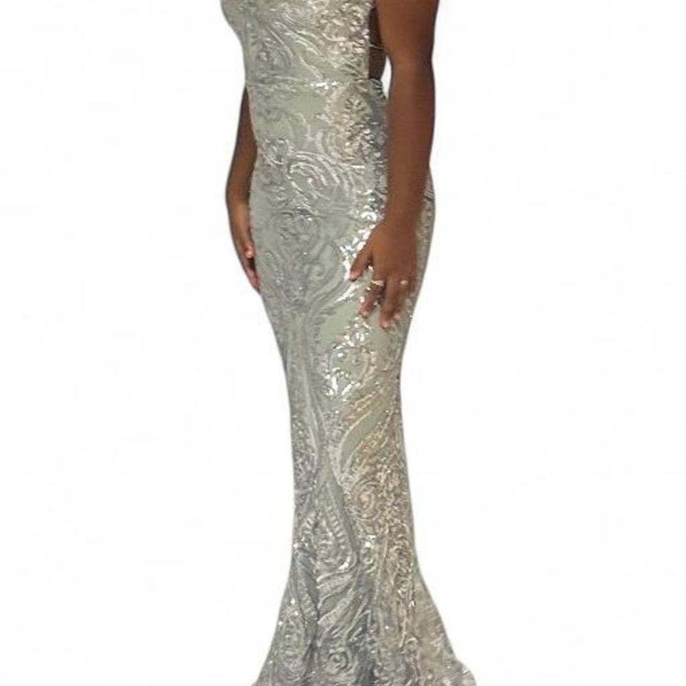 B. Darlin Sage & Silver Sequin Prom Dress